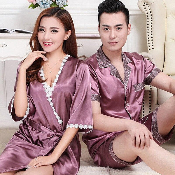 Summer lovers silk pajamas men short-sleeved silk sleepwear home sleepwear spring summer nightgown womens pajama set loungewear