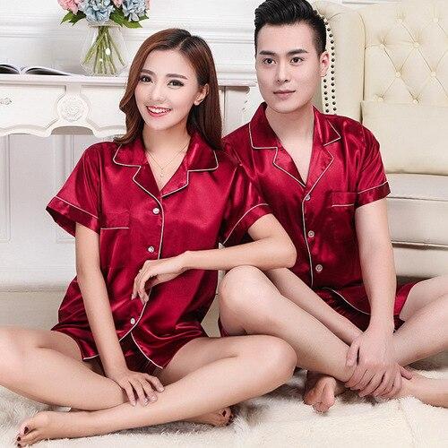 Summer lovers silk pajamas men short-sleeved silk sleepwear home sleepwear spring summer nightgown womens pajama set loungewear