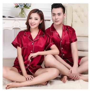 Summer lovers silk pajamas men short-sleeved silk sleepwear home sleepwear spring summer nightgown womens pajama set loungewear