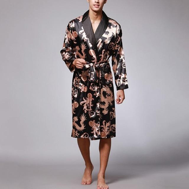 Stylish Men's Bathrobe Silk Kimono Long Sleeves Robe Chinese Lucky Dragon Print Pajamas Men Gown Bathrobe Men Homewear Masculina