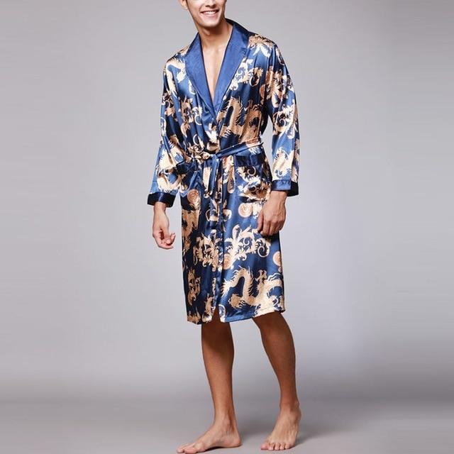 Stylish Men's Bathrobe Silk Kimono Long Sleeves Robe Chinese Lucky Dragon Print Pajamas Men Gown Bathrobe Men Homewear Masculina