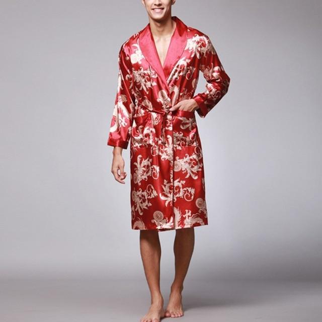 Stylish Men's Bathrobe Silk Kimono Long Sleeves Robe Chinese Lucky Dragon Print Pajamas Men Gown Bathrobe Men Homewear Masculina