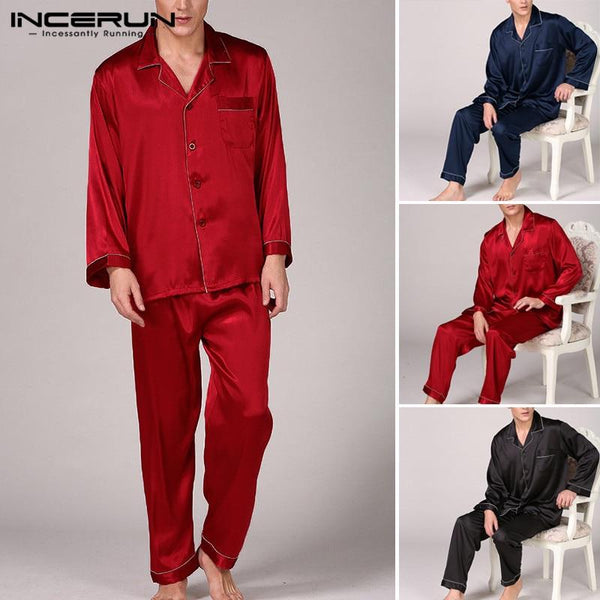 Soft Comfortable Men Robe Sleepwear Men's Pajama Set Stain Silk Pyjamas Long Sleeve Tops Pant Nightgown Homewear Sexy Loungewear