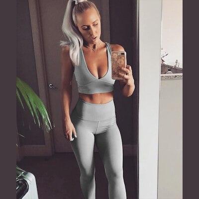 Topmelon 2019 Sport Suit To yoga Women Seamless Solid Yoga Set Sports Bra Set Gray Peach Buttock Pant DeepV Top