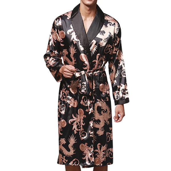 Men Mens Robe Long Sleeves Bathrobe Silk Kimono Print Pajamas Bathrobe Night Dressing Gown  #2