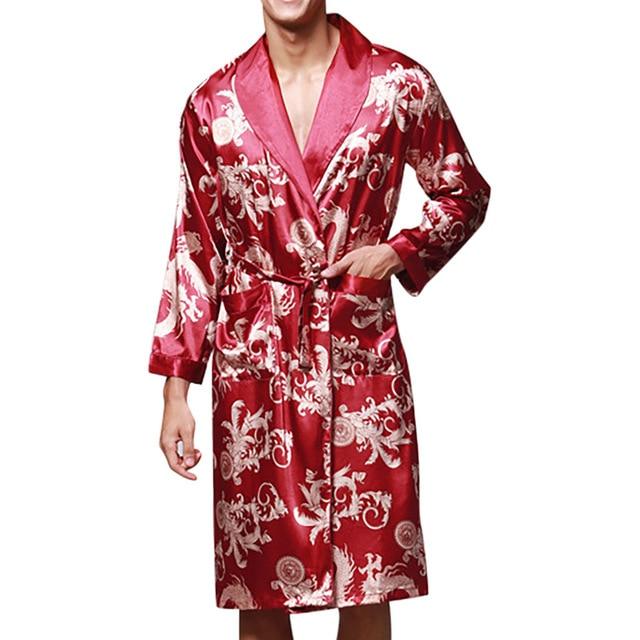 Men Mens Robe Long Sleeves Bathrobe Silk Kimono Print Pajamas Bathrobe Night Dressing Gown  #2