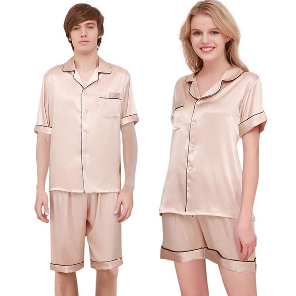 New Satin Silk Pajama Set Men Women Summer Sleepwear Pajama Set Short Sleeve Silk Pijama Nightgown Sleep Lounge Plus Size