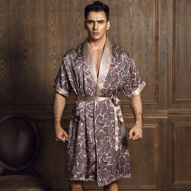 Summer Noble Sexy Satin Silk Men's Robe Fashion Printed Half-Sleeve Male Bathrobes Kimono V-Neck Faux Silk Sleepwear Night Gown