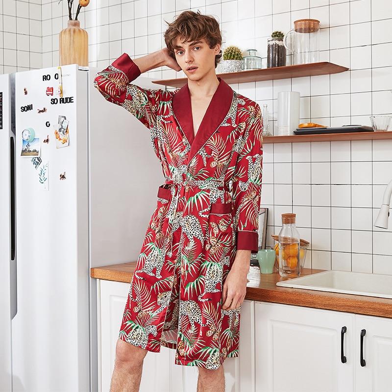 Burgundy Print Chinese Man Silk Rayon Long Robe Summer Kimono Bathrobe Yukata Night Gown Sleepwear With Belt Size L XL XXL