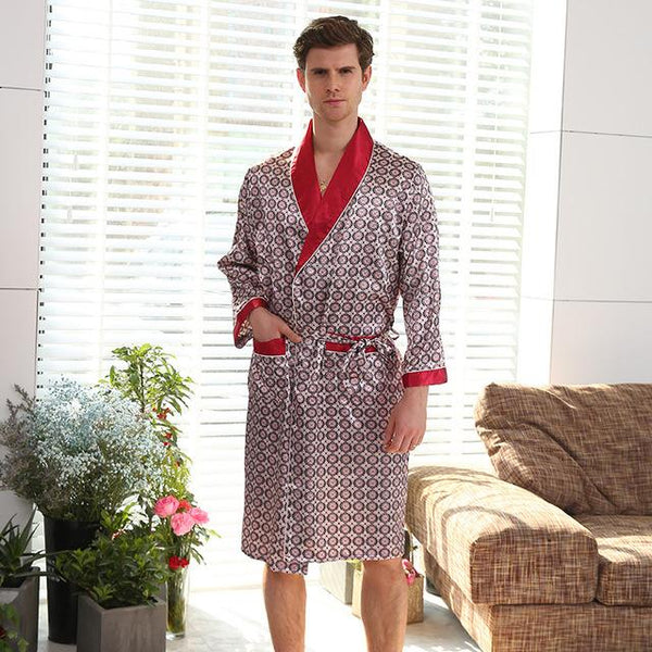 Cross-Border Men One-Piece Silk Robe Summer Thin Silk-like Long Sleeve Pajamas XL Bathrobes 88001 (No Pants)
