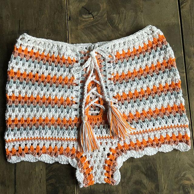 2019 HOT Sexy Women Bikini Shorts Fashion Drawstring Hand Knit Striped Cutout Shorts Casual Beach Bathing Swimwear