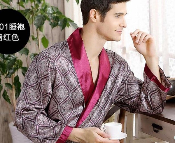 Male New Real Mens Luxury Bathrobe Geometric Robes V-Neck Lmitation Silk Knitted Sleepwear Full Sleeve Nightwear XXXL 5 Colors