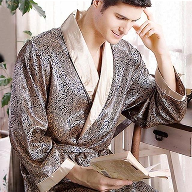 Male New Real Mens Luxury Bathrobe Geometric Robes V-Neck Lmitation Silk Knitted Sleepwear Full Sleeve Nightwear XXXL 5 Colors