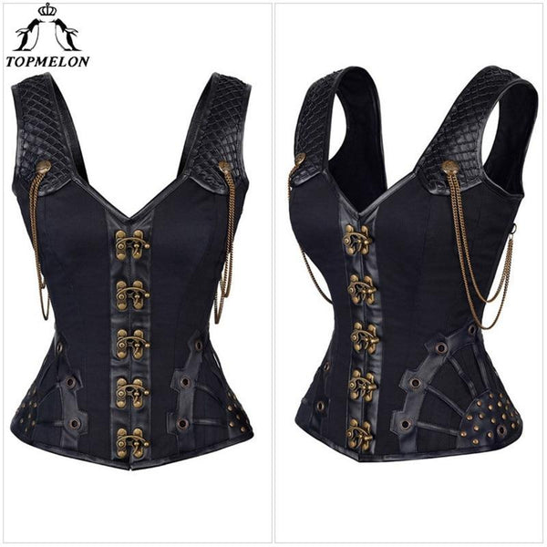 TOPMELON Rivets Gothic Bustier Steampunk Waist Slimming Corset Black Tan Retro Style Tops for Women Plus Size Costume