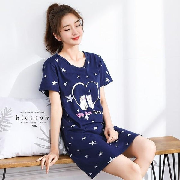 Women Long Cotton Nightgown Summer Cartoon Stripe Sleepwear Nightdress Lounge Wear Night Dress Home Sleepshirt Nighty Sleepshirt