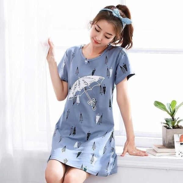 Women Long Cotton Nightgown Summer Cartoon Stripe Sleepwear Nightdress Lounge Wear Night Dress Home Sleepshirt Nighty Sleepshirt