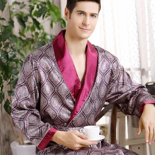 2019 New Spring Autumn Luxury Bathrobe Mens Print Plus Size Silk Satin Pajamas Kimono Summer Male Nightgown Chinese Silk Robe