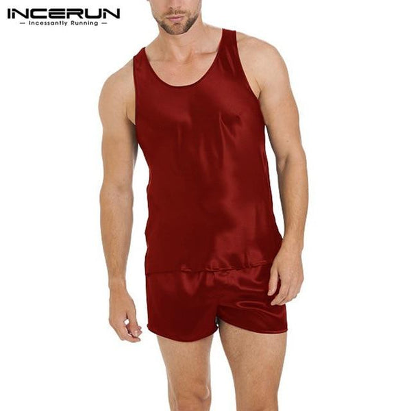 INCERUN Mens Stain Silk Men Pajamas Sexy Pajama Set Sleeveless Tank Mini Shorts Soft Louge Robe Sleepwear Nightgown Summer Tops