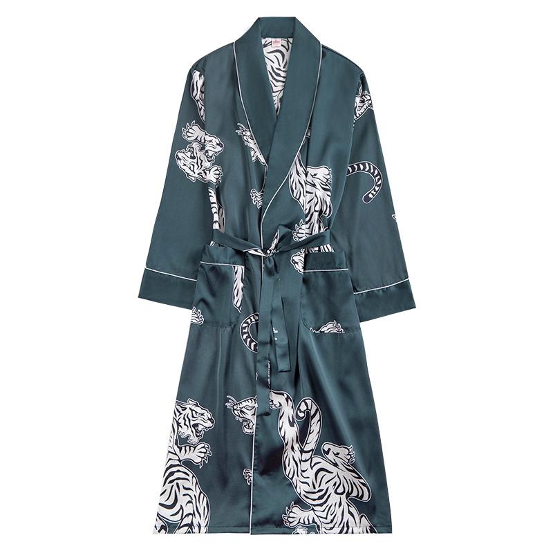 Chinese Men Satin Robe Casual Kimono Bath Gown Sleepwear Nightgown Rayon Long Sleeve Print Tiger Home Dress Sleep Wear Pajamas