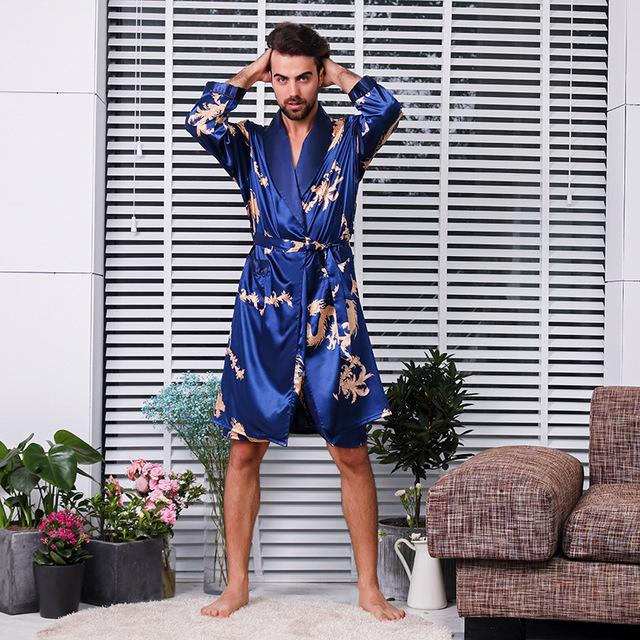 Men's Silk Bathrobe and Shorts Big Size 5XL Long-sleeved Robes Men Satin Sleepwear Nightgown Print Dragons Black Pyjama Homme