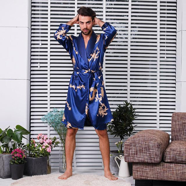 Men's Silk Bathrobe and Shorts Big Size 5XL Long-sleeved Robes Men Satin Sleepwear Nightgown Print Dragons Black Pyjama Homme