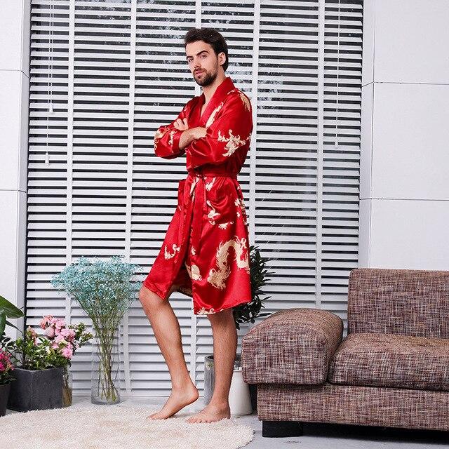 Men's Silk Bathrobe and Shorts Big Size 5XL Long-sleeved Robes Men Satin Sleepwear Nightgown Print Dragons Black Pyjama Homme