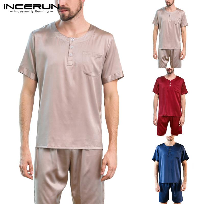 Homewear Soft Silk Satin Sets Men Sleepwear Tee Bottom Solid Summer Lounge Underwear Men Pajamas Set Nightgown Male Pyjamas