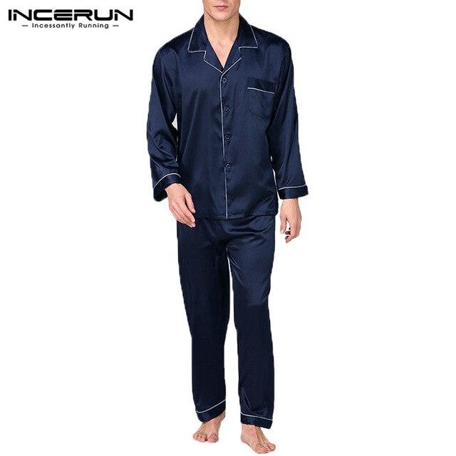 Chic 2019 Autumn Sleepwear Pajama Set Stain Silk Men Robe Men's Pyjamas Long Sleeve Tops Pant Nightgown Homewear Sexy Loungewear