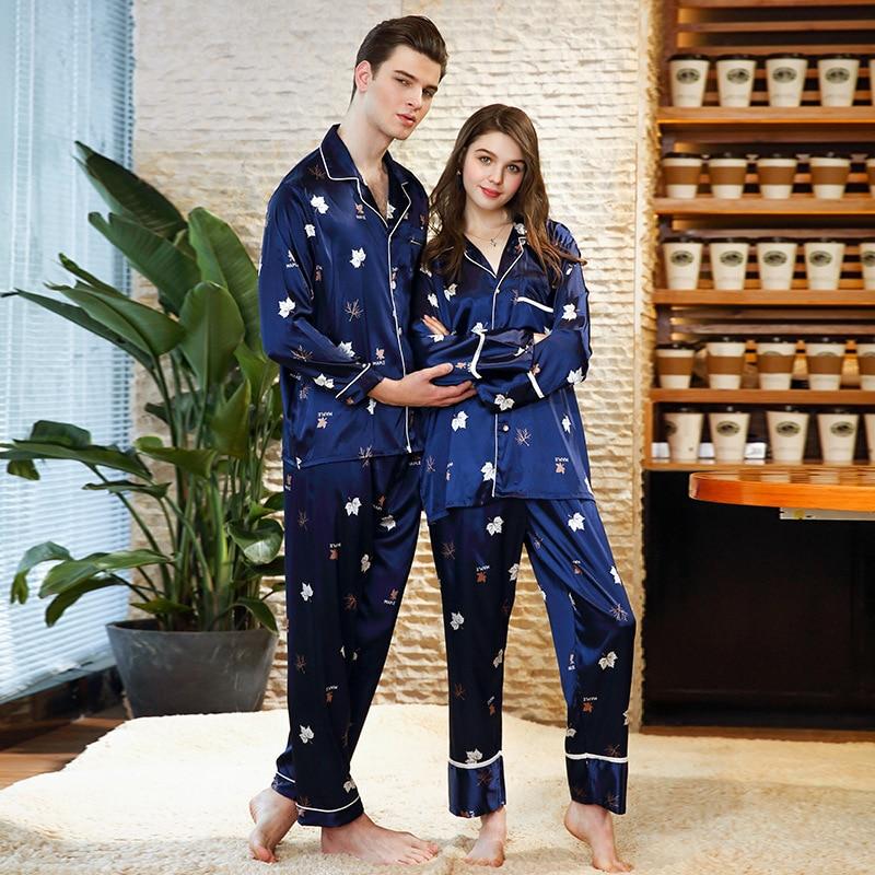 Couple Pajama Sets Emulation Silk Pijamas printing Sleepwear His-and-her Home Suit Pyjama Lover Man Woman Lovers' nightgown