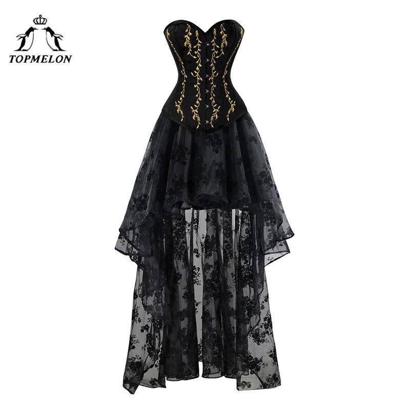 TOPMELON Corset Dress Steampunk Bustier Gothic Women Embroidery Lace Tulle Dress Floral Silky Party Dress Maxi Ball Gown