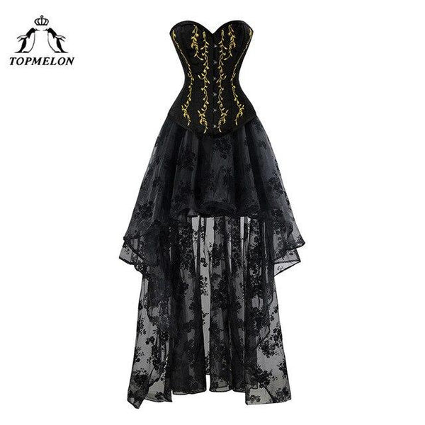 TOPMELON Corset Dress Steampunk Bustier Gothic Women Embroidery Lace Tulle Dress Floral Silky Party Dress Maxi Ball Gown