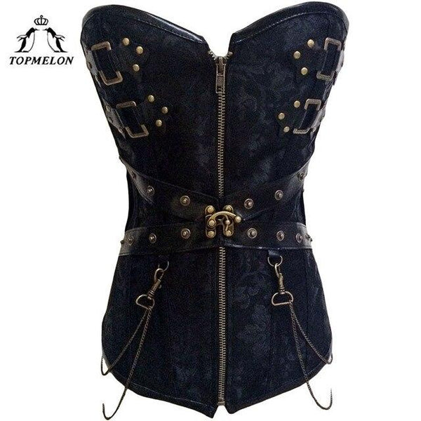 TOPMELON Women's Bustier Victorian Style Top Sexy Rivets Chains Decorated Black Slimming Waist Tummy Control Costume for Women