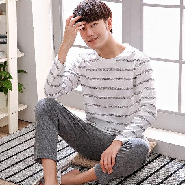 Men Pajama Cotton Gray O-neck Sleepwear Men Long Sleeve Home Clothes Plus Size L-3XL Pijama Male Underwear Set Pyjamas Nightwear