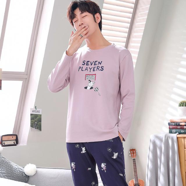 Men Pajama Cotton Gray O-neck Sleepwear Men Long Sleeve Home Clothes Plus Size L-3XL Pijama Male Underwear Set Pyjamas Nightwear