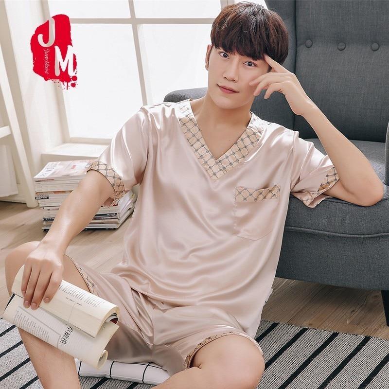 Satin Men Pyjama Set Summer Silk Men Pajama Suit Short Sleeve Solid Pajama Male Sleepwear Spring Pijama Man Nightgown XXXL Sleep