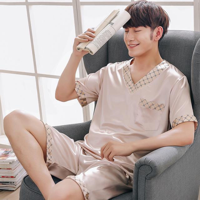 Satin Men Pyjama Set Summer Silk Men Pajama Suit Short Sleeve Solid Pajama Male Sleepwear Spring Pijama Man Nightgown XXXL Sleep