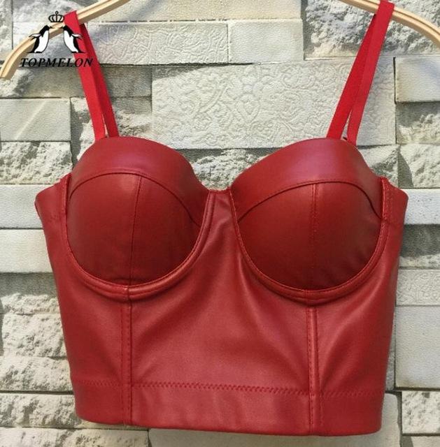 TOPMELON Sexy Tops Punk Corset Bustier Corselet Gothic Slimming Shapewear Black Leather Party Shows Club Crop Vest Bra Tops
