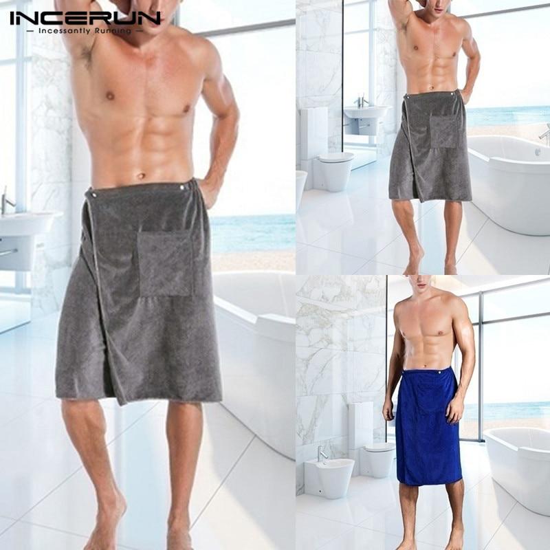 INCERUN Men Soft Bathrobe Comfortable Homewear Solid Color Adult Men Bath Skirt Towel Robes Home Comfy Pockets Bathrobes Hombre