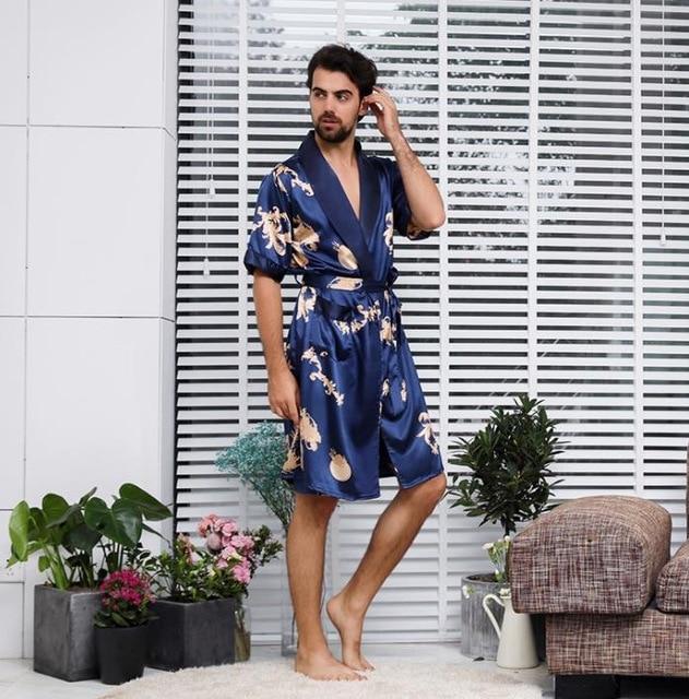 Two-piece Suit Male Silk Dressing Gown  Extra large Robe With Dragons Mens Satin Bathrobe Silk Kimono Men 1287