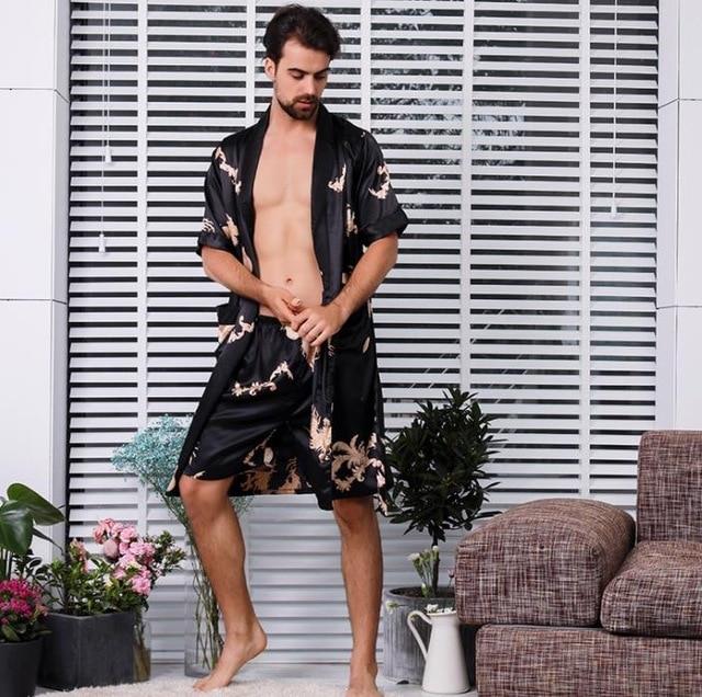 Two-piece Suit Male Silk Dressing Gown  Extra large Robe With Dragons Mens Satin Bathrobe Silk Kimono Men 1287