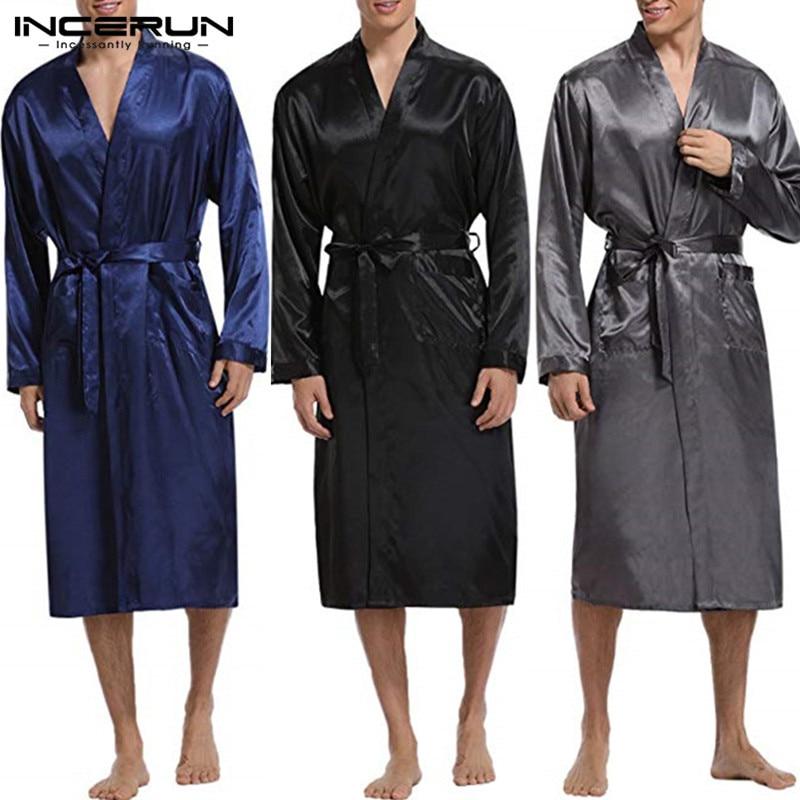 INCERUN Mens Silk Satin Robes Pajamas Long Sleeve Solid Sleepwear Kimono Male Bathrobe Leisure Men Loungewear Dressing Gown 2019