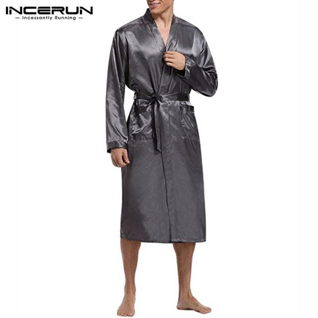 INCERUN Mens Silk Satin Robes Pajamas Long Sleeve Solid Sleepwear Kimono Male Bathrobe Leisure Men Loungewear Dressing Gown 2019