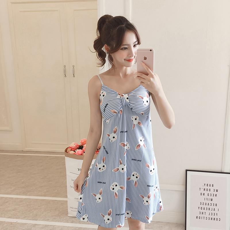 Summer Women's Long Cartoon Pijamas Ladies Nightgown Princess Style Nightshirt Women Causal Sleepwear with Chest Pad Women Night