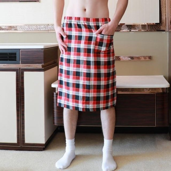 Cotton Men Pajamas Sleep Bottoms Man Plaid Short Pants Bathrobe Culottes Male Side Split Sleep Bottoms Pocket Dress Nightdress