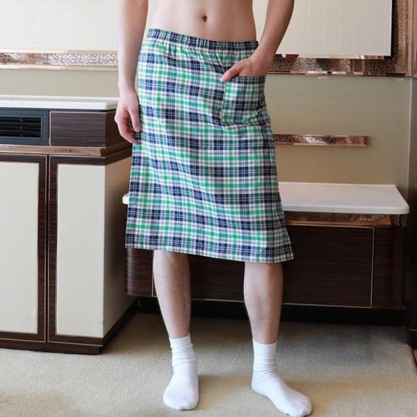 Cotton Men Pajamas Sleep Bottoms Man Plaid Short Pants Bathrobe Culottes Male Side Split Sleep Bottoms Pocket Dress Nightdress