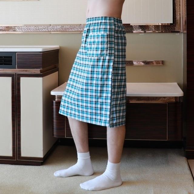 Cotton Men Pajamas Sleep Bottoms Man Plaid Short Pants Bathrobe Culottes Male Side Split Sleep Bottoms Pocket Dress Nightdress